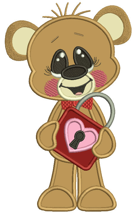 Cute Boy Bear Holding a Lock Applique Machine Embroidery Design Digitized Pattern