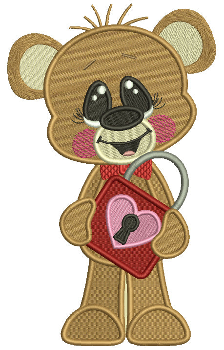 Cute Boy Bear Holding a Lock Filled Machine Embroidery Design Digitized Pattern