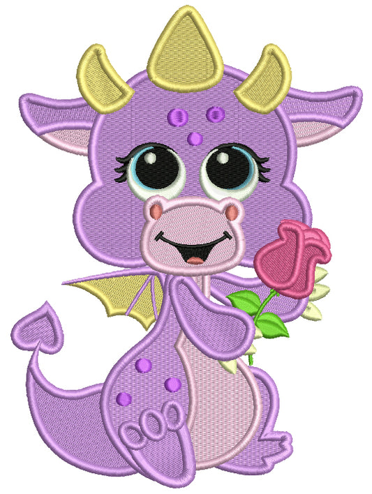 Cute Boy Dragon Holding a Rose Filled Machine Embroidery Design Digitized Pattern