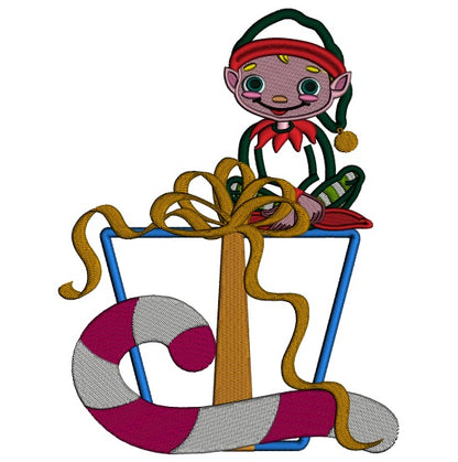 Cute Boy Elf With Presents Christmas Applique Machine Embroidery Digitized Design Pattern