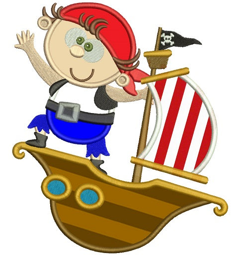 Cute Boy Pirate on a Ship Marine Applique Machine Embroidery Digitized Design Pattern