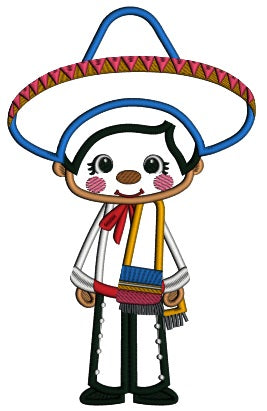 Cute Boy Wearing Big Sombrero Hat Applique Cinco de Mayo Machine Embroidery Design Digitized Pattern