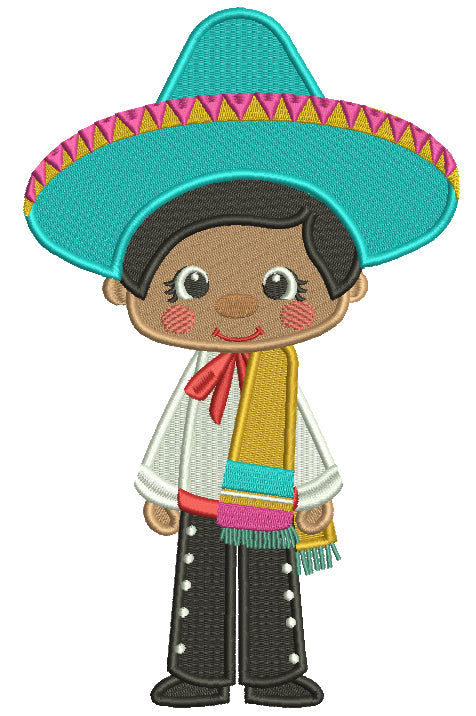 Cute Boy Wearing Big Sombrero Hat Filled Cinco de Mayo Machine Embroidery Design Digitized Pattern