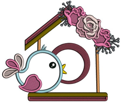 Cute Brid Next to a Bird House With Flowers Applique Machine Embroidery Design Digitized Patterny