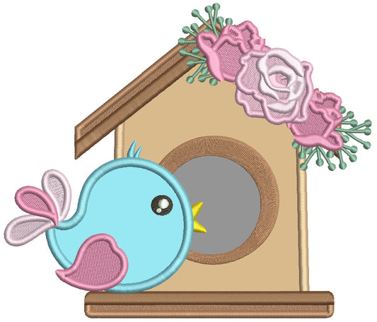 Cute Brid Next to a Bird House With Flowers Applique Machine Embroidery Design Digitized Patterny