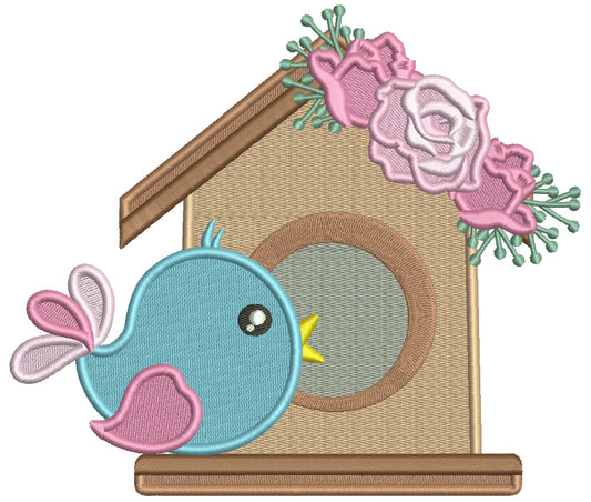 Cute Brid Next to a Bird House With Flowers Filled Machine Embroidery Design Digitized Patterny