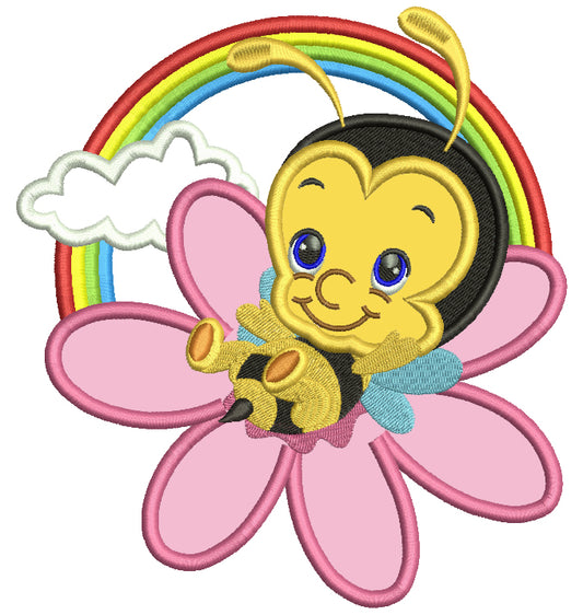 Cute Bumblebee On The Flower And Rainbow Applique Machine Embroidery Design Digitized Pattern