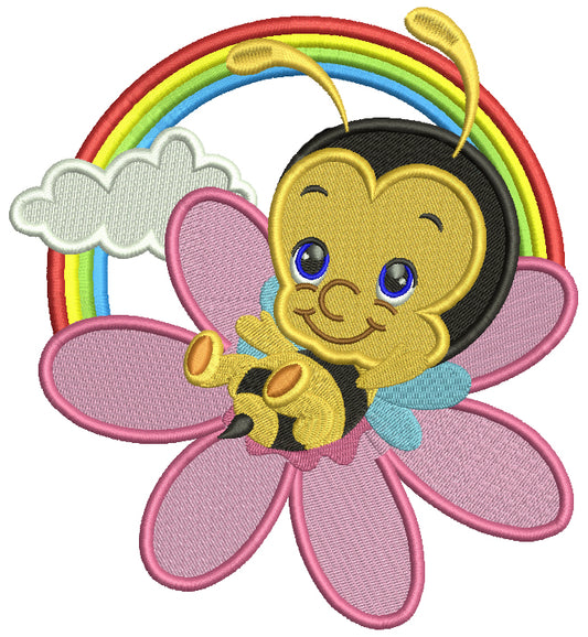 Cute Bumblebee On The Flower And Rainbow Filled Machine Embroidery Design Digitized Pattern