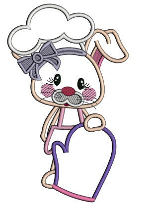 Cute Bunny Cook Holding a Cooking Mitt Applique Machine Embroidery Design Digitized Pattern