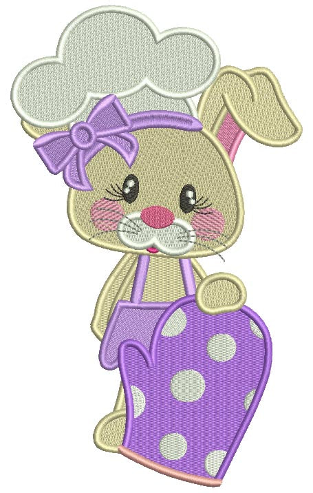 Cute Bunny Cook Holding a Cooking Mitt Filled Machine Embroidery Design Digitized Pattern