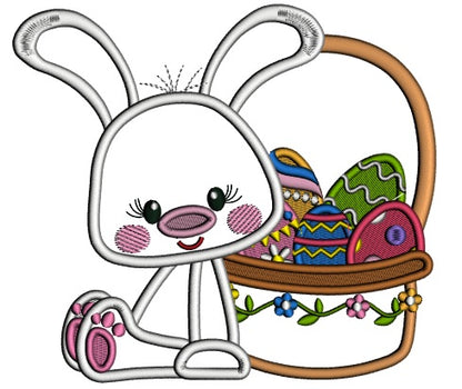 Cute Bunny Sitting Next To Basket Full Of Easter Eggs Applique Machine Embroidery Design Digitized