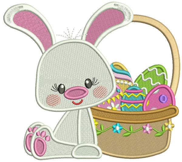 Cute Bunny Sitting Next To Basket Full Of Easter Eggs Filled Machine Embroidery Design Digitized