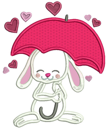 Cute Bunny Under Umbrella With Hearts Valentine's Day Applique Machine Embroidery Design Digitized Pattern