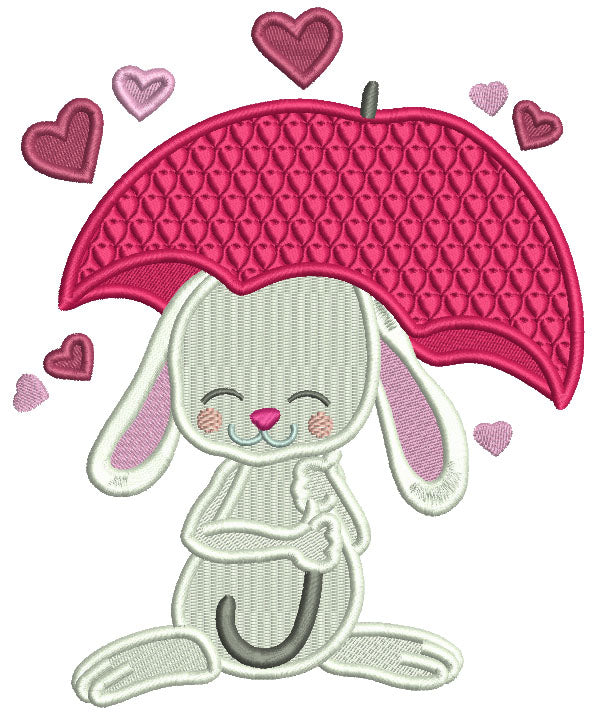 Cute Bunny Under Umbrella With Hearts Valentine's Day Filled Machine Embroidery Design Digitized Pattern