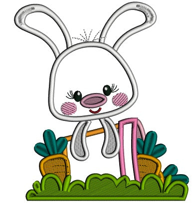 Cute Bunny With Flower Pot Applique Easter Machine Embroidery Design Digitized Pattern