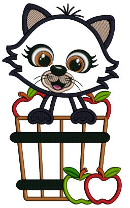Cute Cat Sitting Inside Baskets With Apples Fall Applique Thanksgiving Machine Embroidery Design Digitized Pattern
