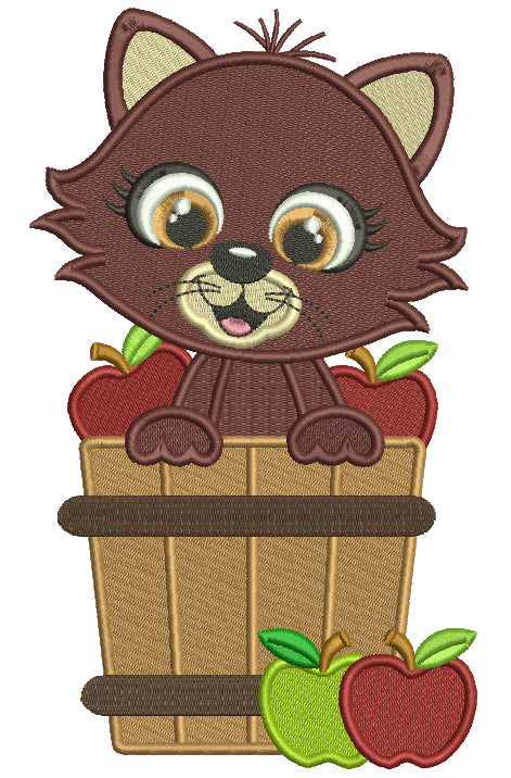 Cute Cat Sitting Inside Baskets With Apples Fall Filled Thanksgiving Machine Embroidery Design Digitized Pattern