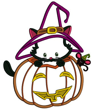 Cute Cat Wearing Huge Witch's Hat Sitting Inside a Pumpkin Halloween Applique Machine Embroidery Design Digitized Pattern