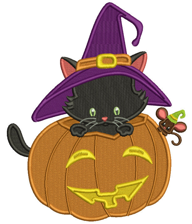 Cute Cat Wearing Huge Witch's Hat Sitting Inside a Pumpkin Halloween Filled Machine Embroidery Design Digitized Pattern