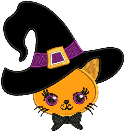 Cute Cat Wearing a Witch Hat Halloween Applique Machine Embroidery Design Digitized Pattern