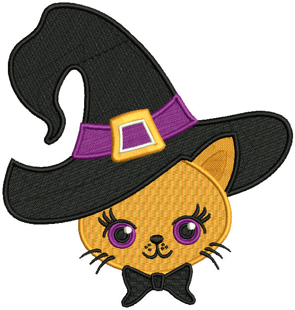 Cute Cat Wearing a Witch Hat Halloween Filled Machine Embroidery Design Digitized Pattern