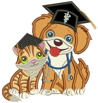 Cute Cat and Dog Wearing Graduation Caps School Applique Machine Embroidery Design Digitized Pattern