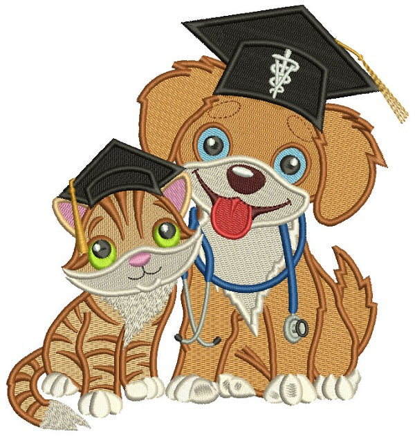 Cute Cat and Dog Wearing Graduation Caps School Filled Machine Embroidery Design Digitized Pattern