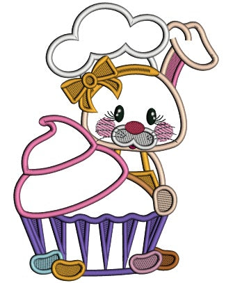 Cute Chef Bunny With Cupckak Easter Applique Machine Embroidery Design Digitized