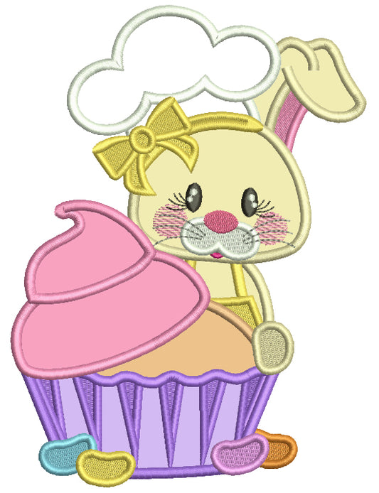 Cute Chef Bunny With Cupckak Easter Applique Machine Embroidery Design Digitized