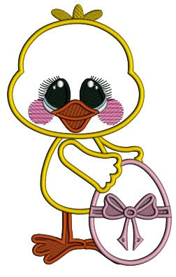 Cute Chick Holding Beautiful Easter Egg With The Bow Applique Machine Embroidery Design Digitized Pattern