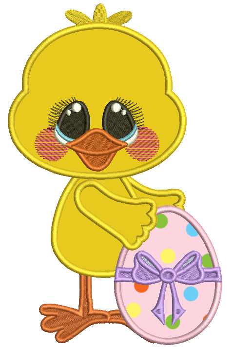 Cute Chick Holding Beautiful Easter Egg With The Bow Applique Machine Embroidery Design Digitized Pattern