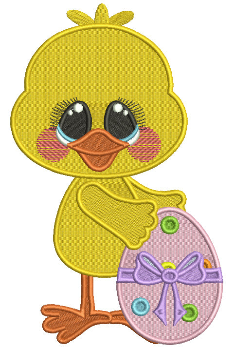 Cute Chick Holding Beautiful Easter Egg With The Bow Filled Machine Embroidery Design Digitized Pattern