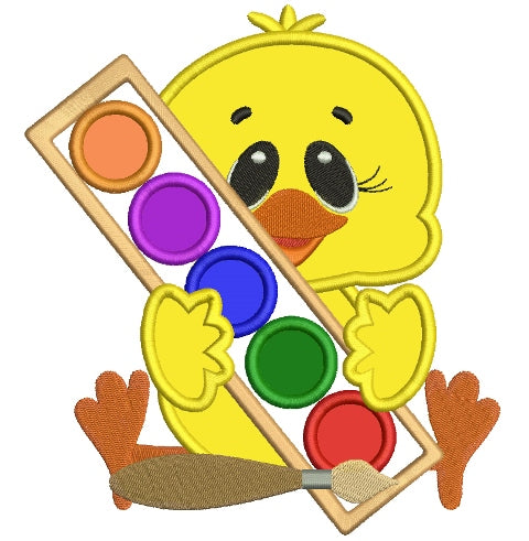Cute Chick Holding Colors School Applique Machine Embroidery Design Digitized Pattern
