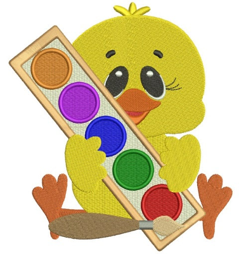 Cute Chick Holding Colors School Filled Machine Embroidery Design Digitized Pattern