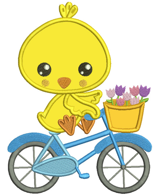 Cute Chick Riding a Bicycle Easter Applique Machine Embroidery Design Digitized Pattern