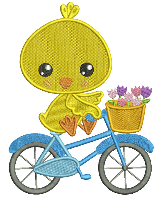 Cute Chick Riding a Bicycle Easter Filled Machine Embroidery Design Digitized Pattern