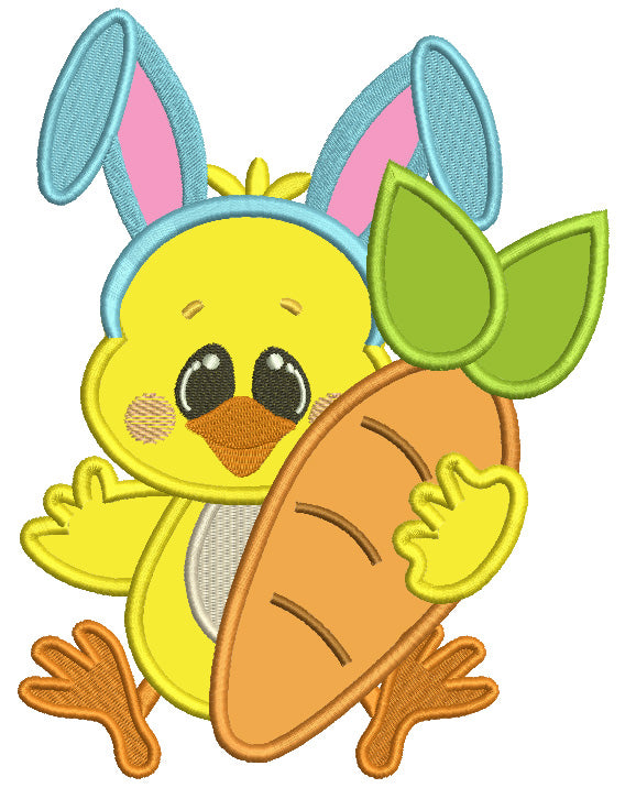 Cute Chick Wearing Bunny Ears Holding a Big Carrot Easter Applique Machine Embroidery Design Digitized Pattern