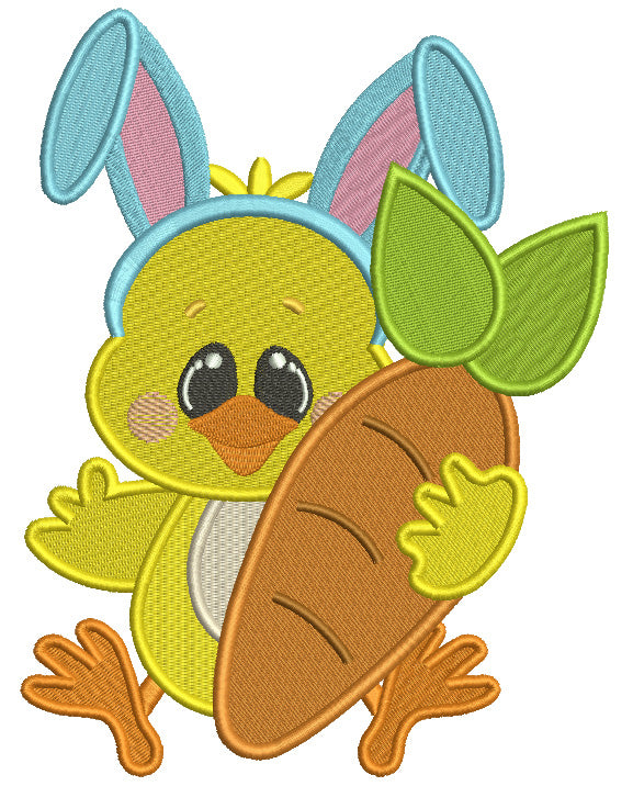 Cute Chick Wearing Bunny Ears Holding a Big Carrot Easter Filled Machine Embroidery Design Digitized Pattern