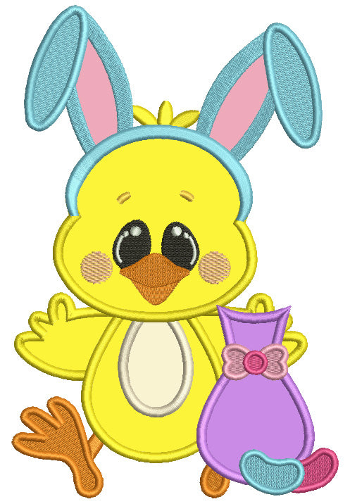 Cute Chick Wearing Bunny Ears Holding a Little Cat Easter Applique Machine Embroidery Design Digitized Pattern
