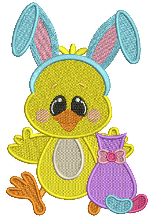 Cute Chick Wearing Bunny Ears Holding a Little Cat Easter Filled Machine Embroidery Design Digitized Pattern