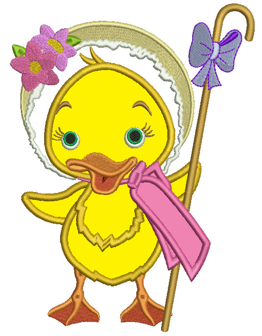 Cute Chick With a Staff and a Bow Easter Applique Machine Embroidery Design Digitized Pattern