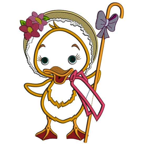 Cute Chick With a Staff and a Bow Easter Applique Machine Embroidery Design Digitized Pattern