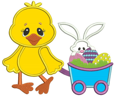 Cute Chick with Easter Bunny Applique Machine Embroidery Digitized Design Pattern