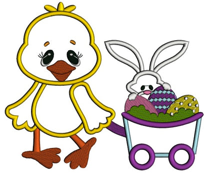 Cute Chick with Easter Bunny Applique Machine Embroidery Digitized Design Pattern