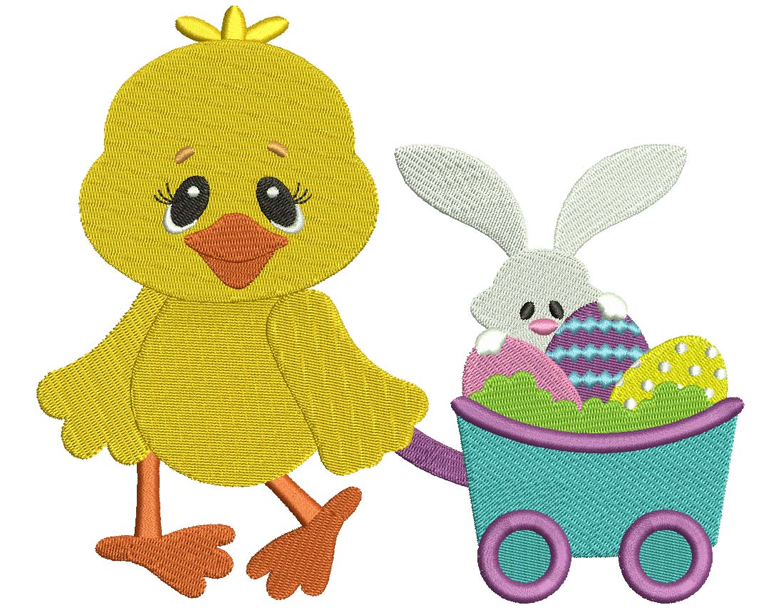 Cute Chick with Easter Bunny Filled Machine Embroidery Digitized Design Pattern