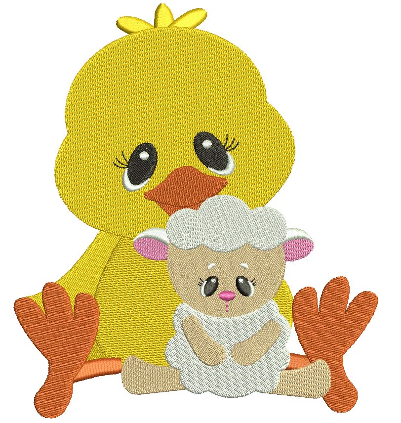 Cute Chick with a little Lamb Filled Machine Embroidery Digitized Design Pattern