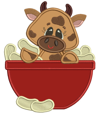 Cute Cow Sitting Inside Cooking Bowl Applique Machine Embroidery Design Digitized Pattern