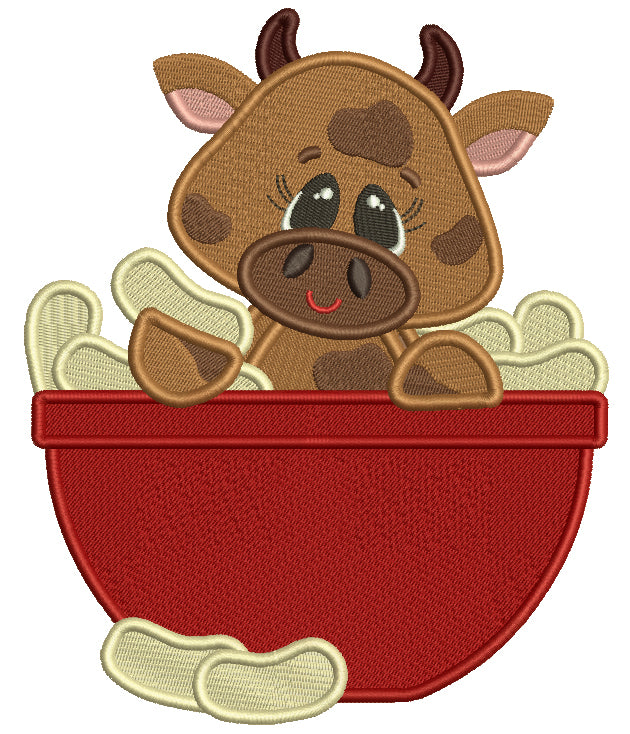 Cute Cow Sitting Inside Cooking Bowl Filled Machine Embroidery Design Digitized Pattern