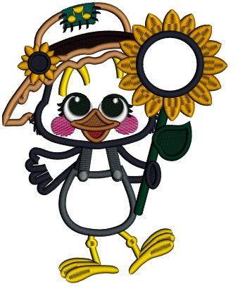 Cute Crow Holding a Sunflower Applique Filled Thanksgiving Machine Embroidery Design Digitized Pattern