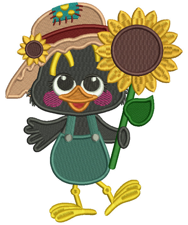 Cute Crow Holding a Sunflower Fall Filled Thanksgiving Machine Embroidery Design Digitized Pattern